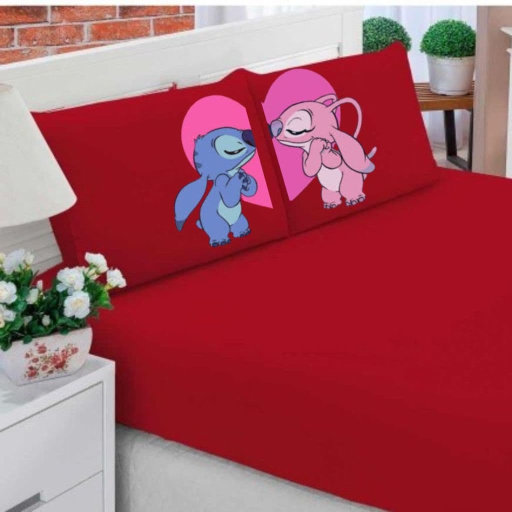 JOGO DE LENÇOL C/ELÁSTICO CASAL QUEEN/ KING STITCH 3 PEÇAS CORAÇÃO