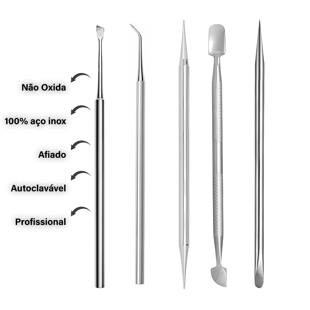 Kit Manicure Completo Profissional 5 Itens Espátulas Palitos Raspador Desencravador Aço Inox
