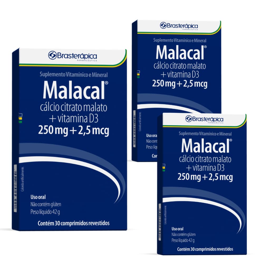 Kit com 3 Malacal Suplemento Vitaminico Alimentar Com Cálcio, Vitamina D3 90 Comprimidos