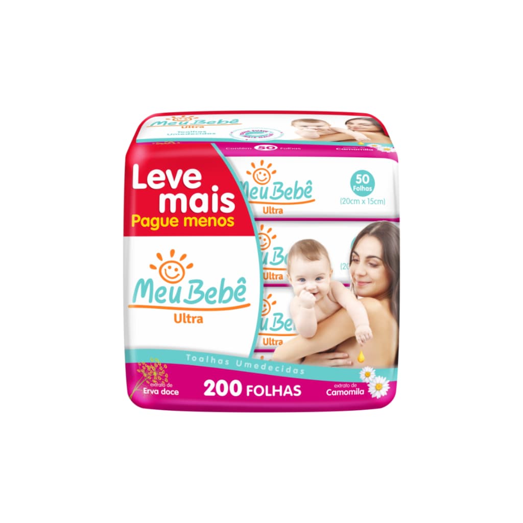 Pack 200 Folhas Toalha Umedecida Meu Bebê Ultra (4undX50fls)