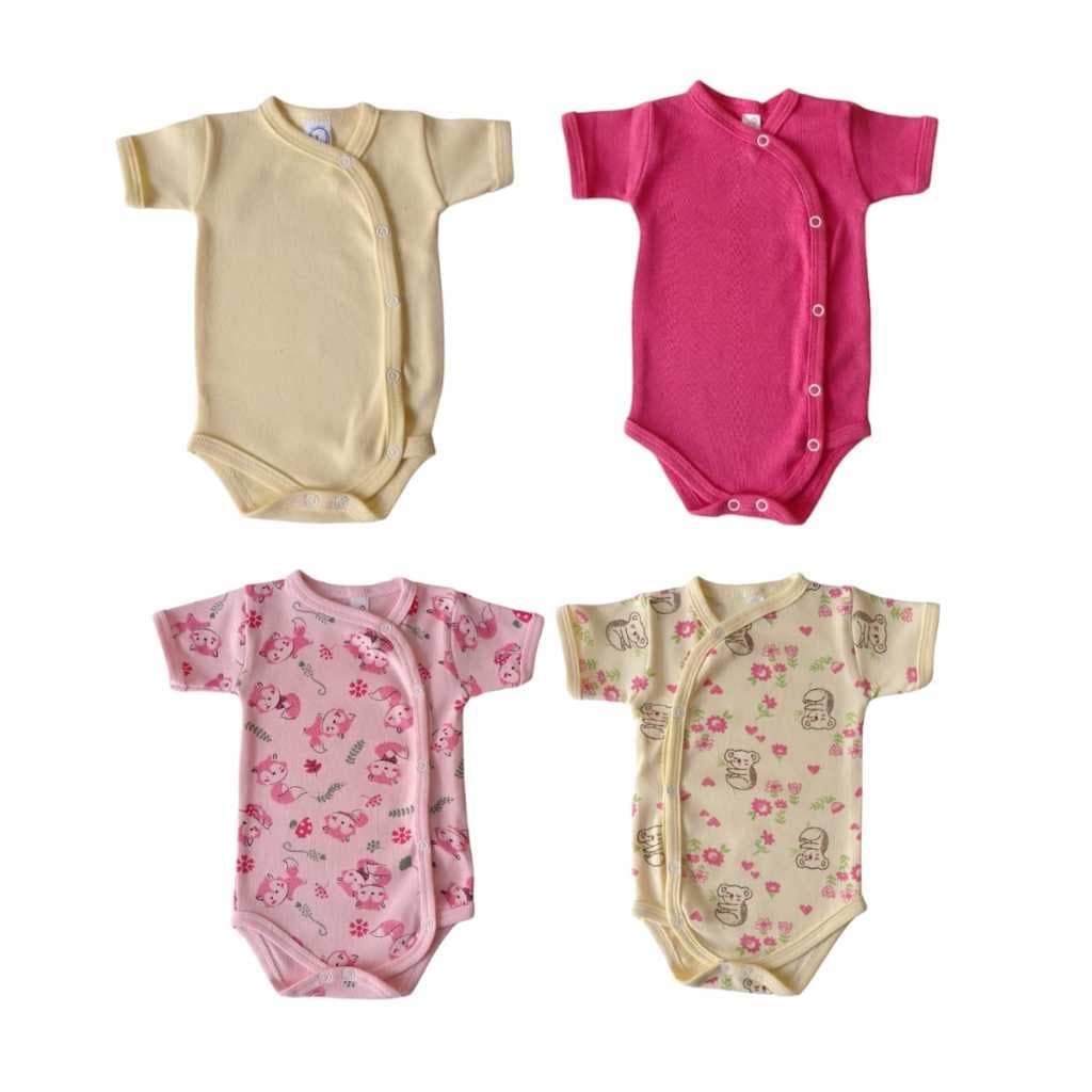 KIT 4 PEÇAS - 2 BODY KIMONO LISOS + 2 BODY KIMONO ESTAMPADO ALGODÃO SUEDINE ROUPA MENINA MENINO ENXOVAL BEBÊ