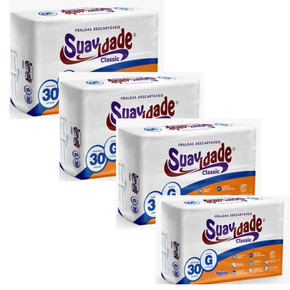 Kit 4 Pacotes Fralda Geriátrica Suavidade Classic - Alta Absorção e Proteção Noturna