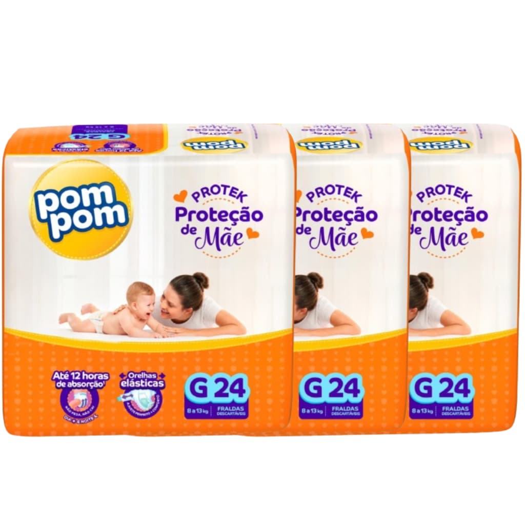 Kit 3 Fralda Pom Pom Protek Proteção de Mãe Tamanho G Pacote Jumbo - Total 72 Unidades