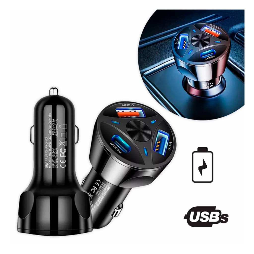 Carregador Veicular Turbo Ultra Rápido com 2 Entradas Usb 3.0 e 1 Usb-C PD 55w