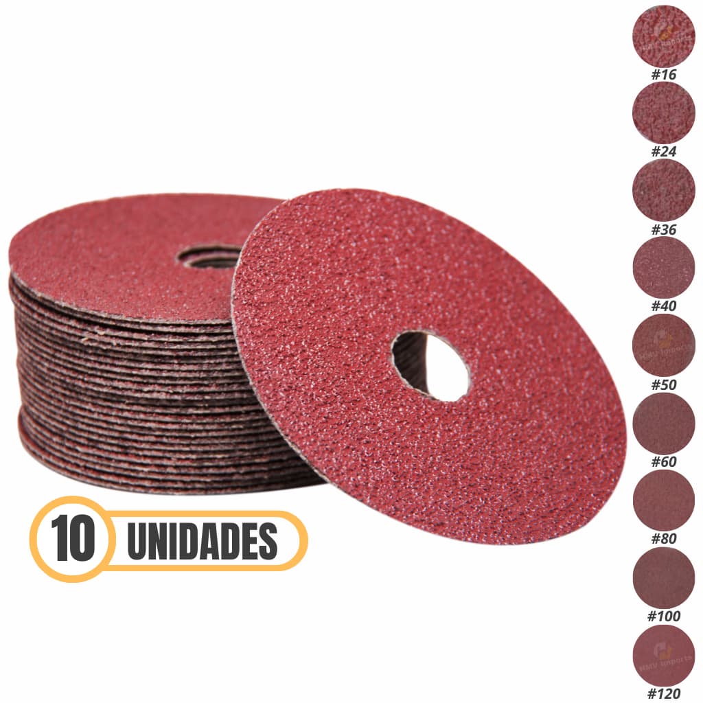 Kit 10 Disco de Lixa Fibra 115mm 4.1/2" Para Madeira Ferro e Aço Lixadeira Esmerilhadeira