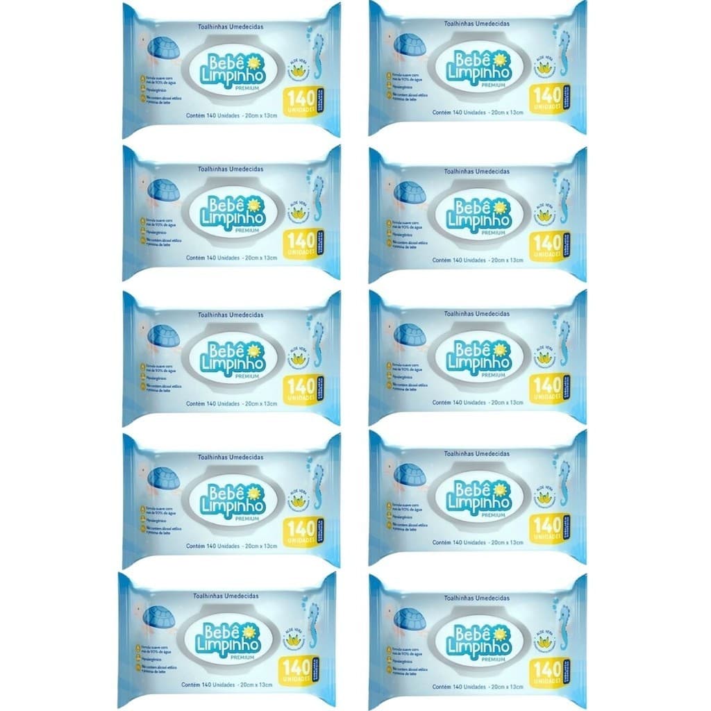 Kit com 10 Toalhas Umedecida Bebê Limpinho Premium 140 Unidades