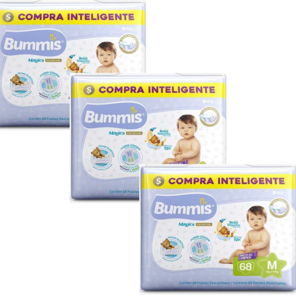 Kit com 3 Pacotes de Fraldas Descartáveis Bummis Tubos Hiper Todos os Tamanhos