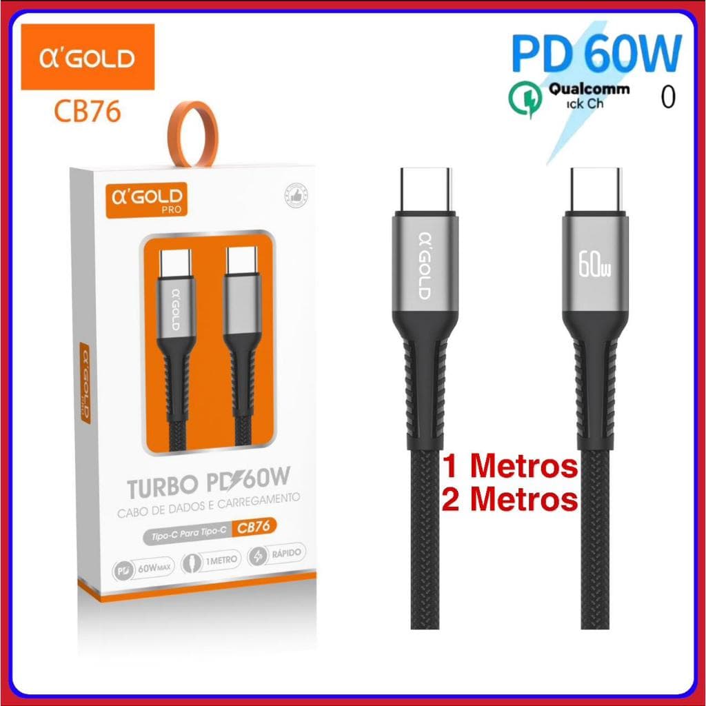 Cabo c Turbo 60W USB-C Para Tipo C Pontas 1 e 2 Metros original A'GOLD Carregamento Rápido