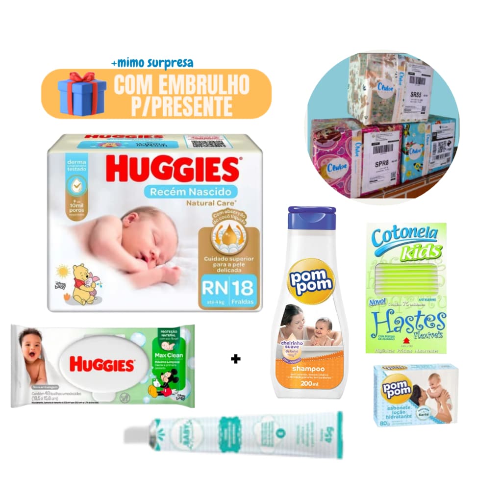 Kit Enxoval de Higiene Bebe Presente Fraldas Huggies Shampoo E Sabonete
