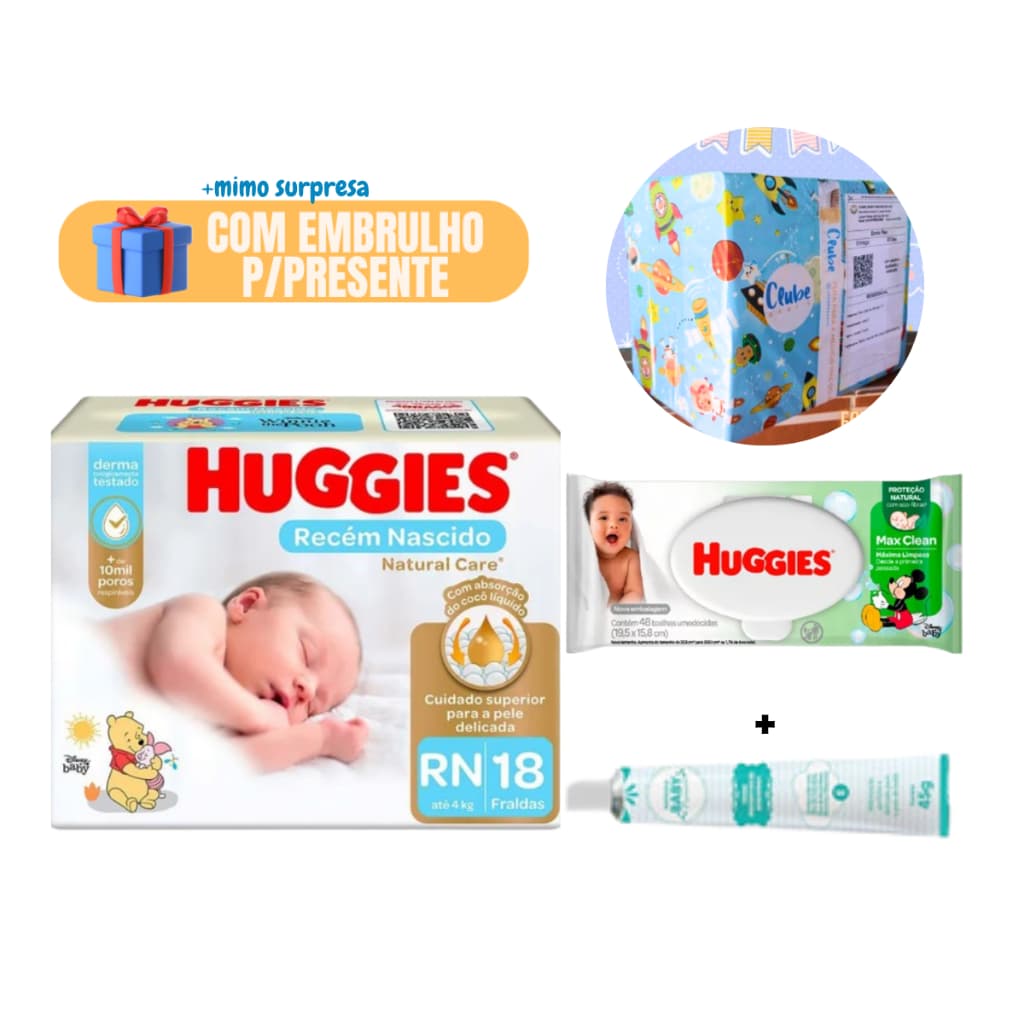 Kit Higiene Huggies Chá de Bebe Fralda + Mimo para a Mãe Lenço Umedecido e Pomada Barata