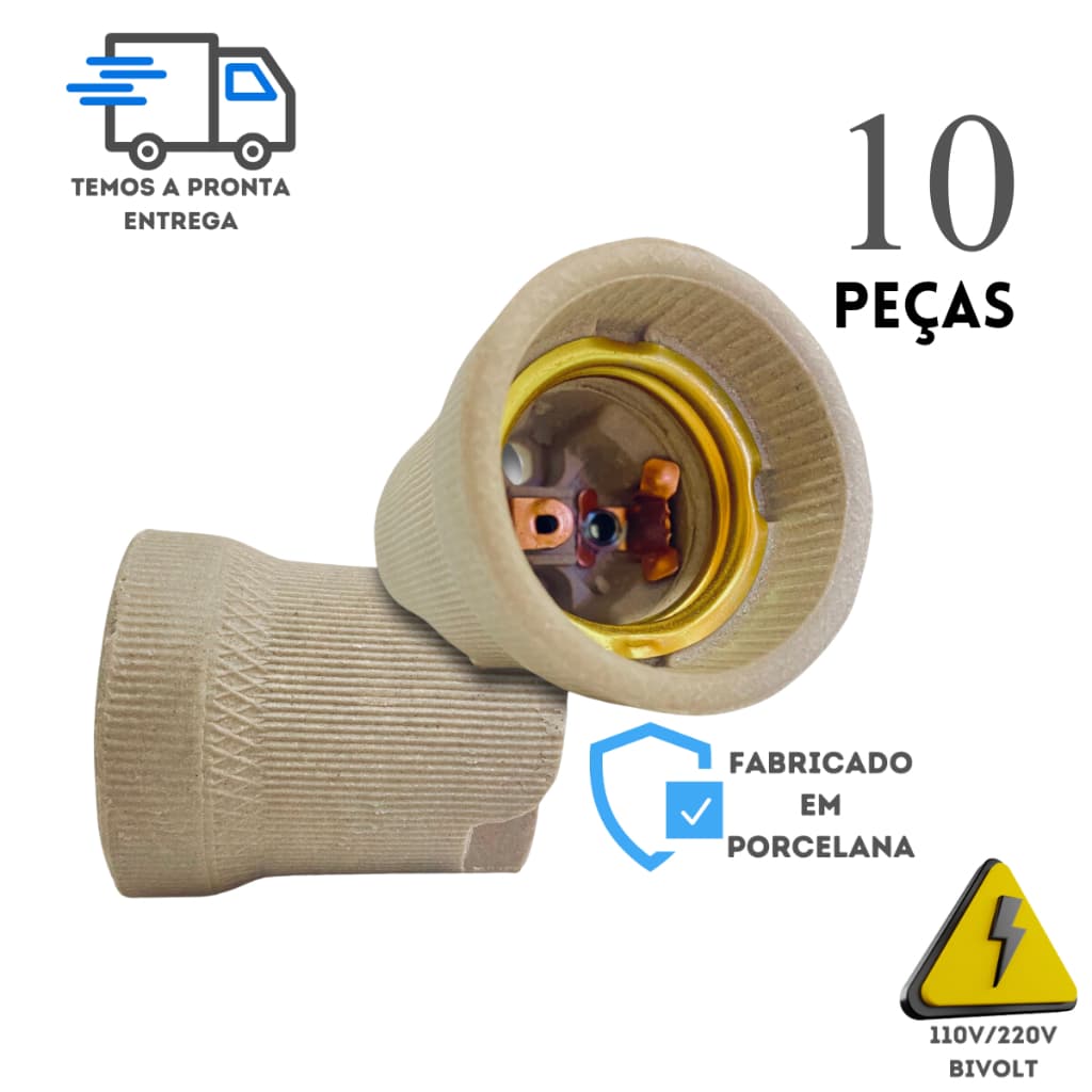 10 Unid Soquete  Porcelana Bocal E-27 Porta Lâmpada 100W Bivolt Resistente Liga Luz Luminaria Plafon