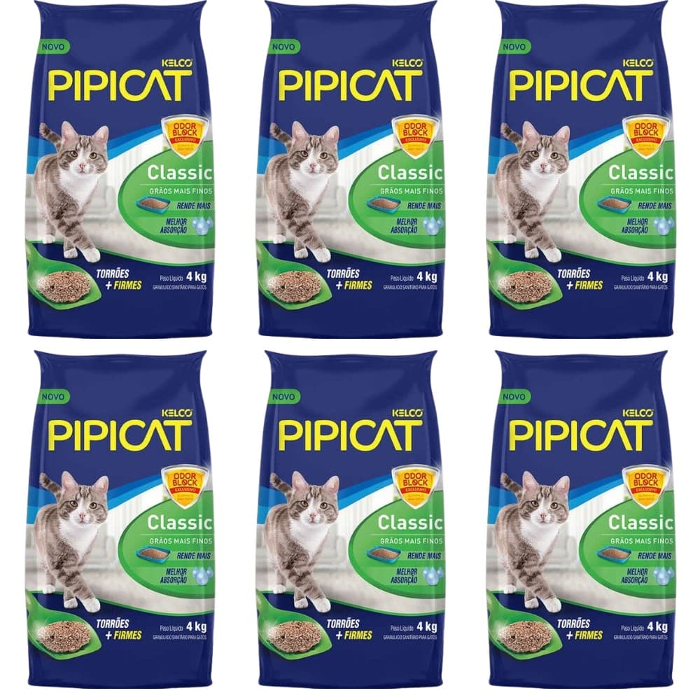 Areia Higiênica Sanitária Para Gatos Pipicat Classic 4kg kit 6 unidades