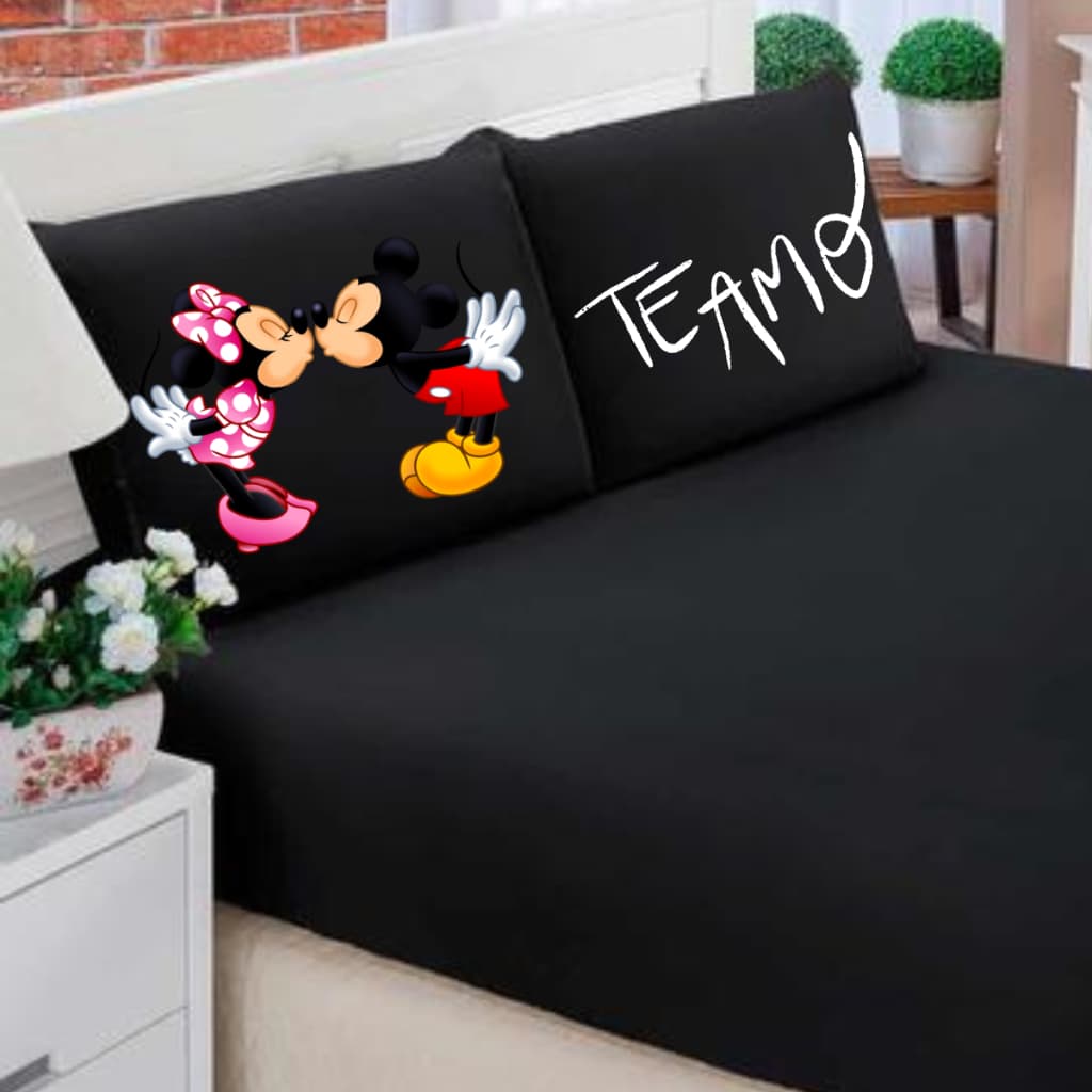 Jogo De Lençol Casal Queen King 3 Peças Personagem Diversos - Poliester Mickey e Minnie VESTIDO PINK
