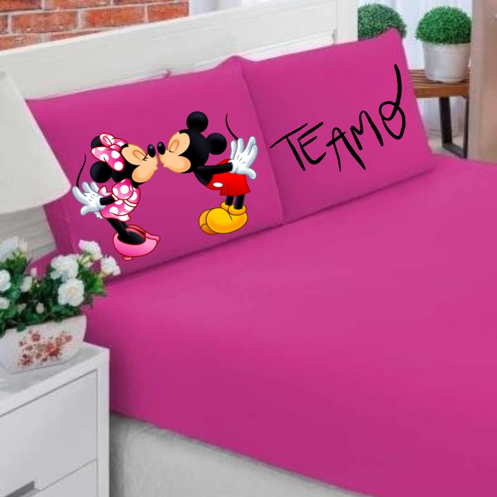 Jogo De Lençol 3 Peças Casal/Queen/King Estampa Mickey e Minnie VESTIDO PINK