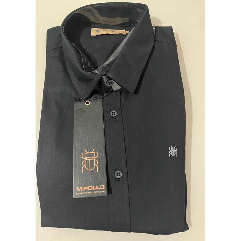 CAMISA SOCIAL MASCULINA MANGA LONGA MODELO SLIM FIT COR PRETA LISA TRICOLINE ADULTO MARCA M.POLLO