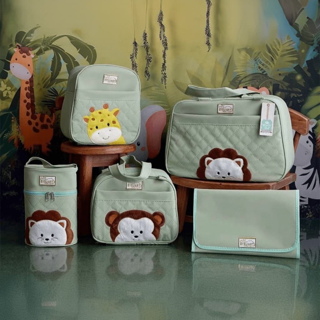 Kit Bolsa Maternidade Térmica Safari Para Menino Menina Recém Nascidos 5 Peças Qualidade