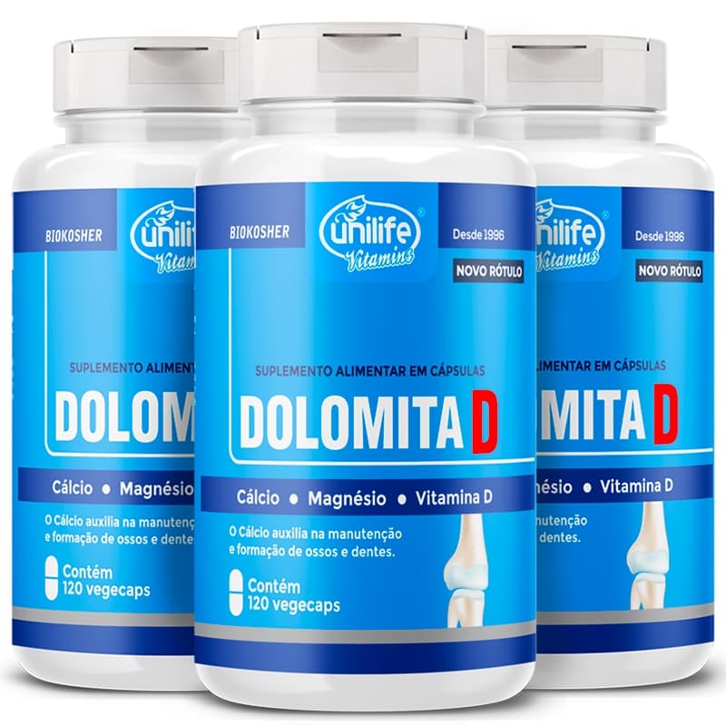 MAGNÉSIO VITAMINA D CÁLCIO 120 CAPS VITAMINA D3 DOLOMITA D UNILIFE VITAMINAS KIT 3