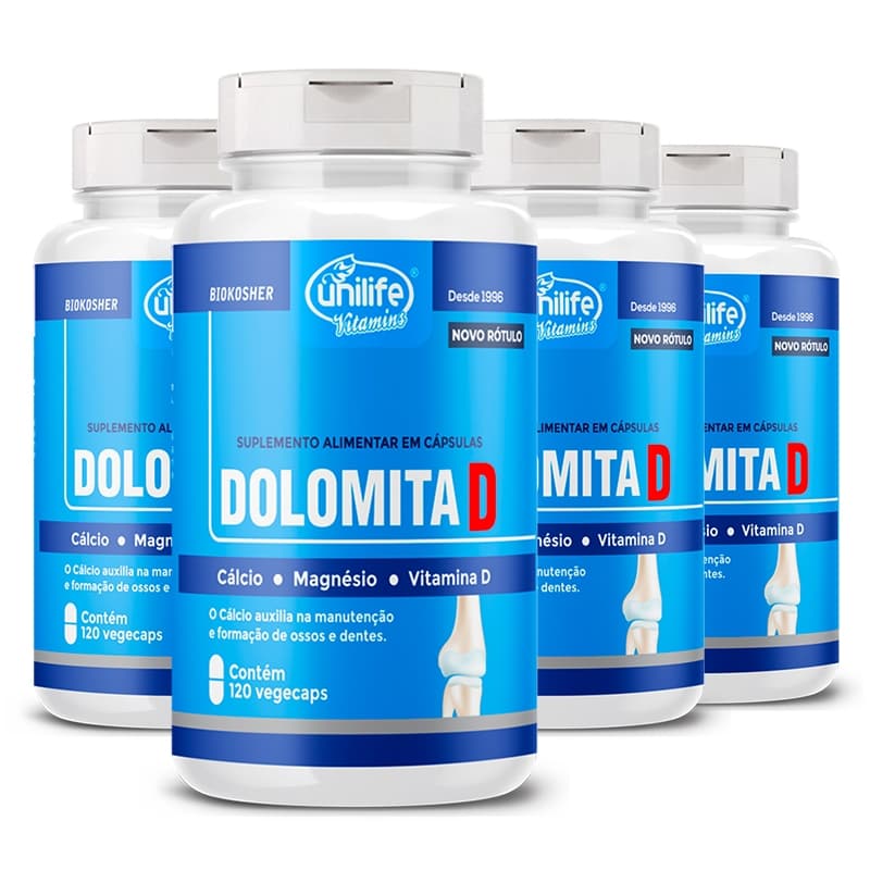 MAGNÉSIO VITAMINA D CÁLCIO 120 CAPS VITAMINA D3 DOLOMITA D UNILIFE VITAMINAS KIT 4