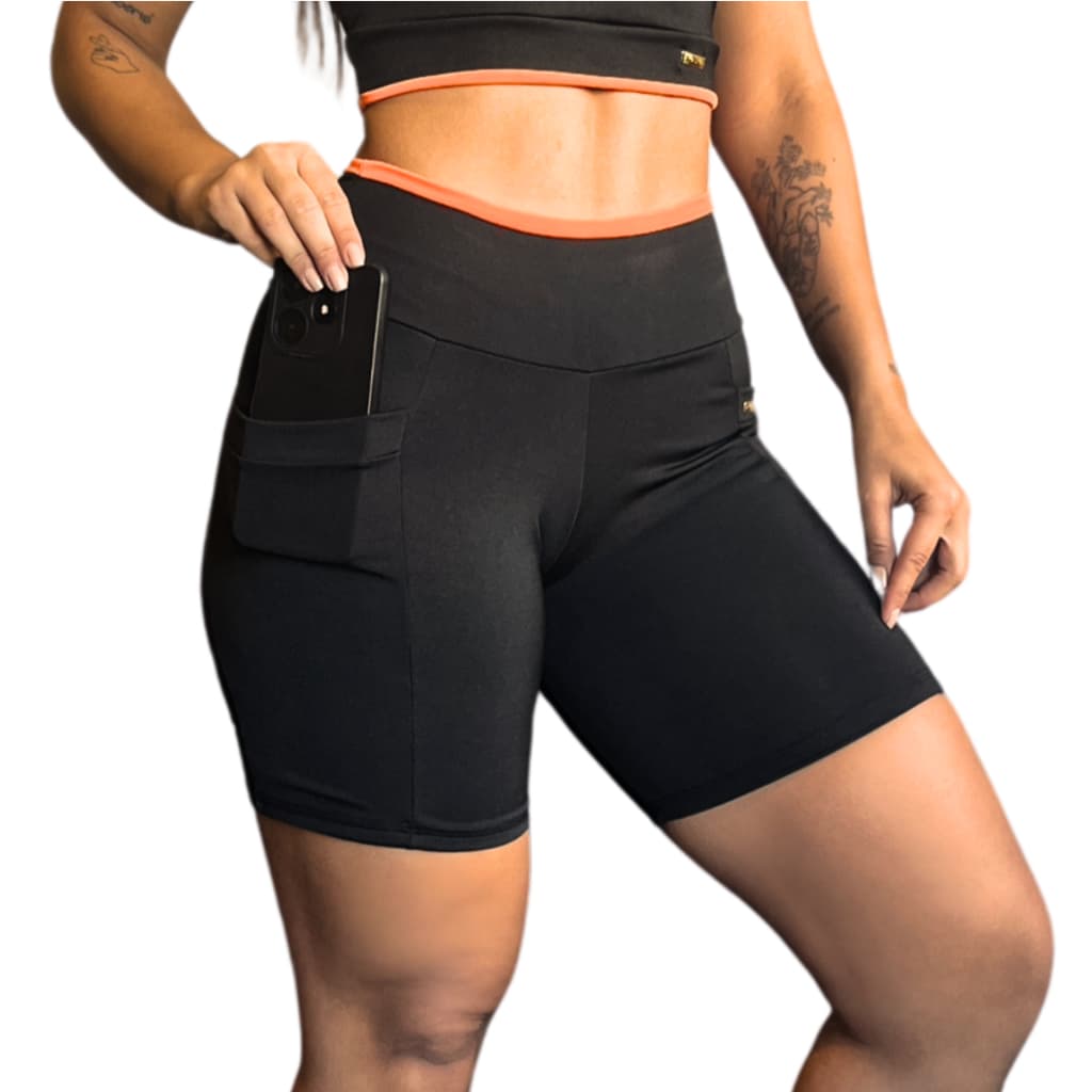 Short Academia Bermuda Esportiva Fitness Ginástica Feminina Com Bolso Legging para Malhar Yoga Corrida Cós Alto - Lynda Roupa de Treino Feminino Musculação Crossfit Liso com Detalhes Neon