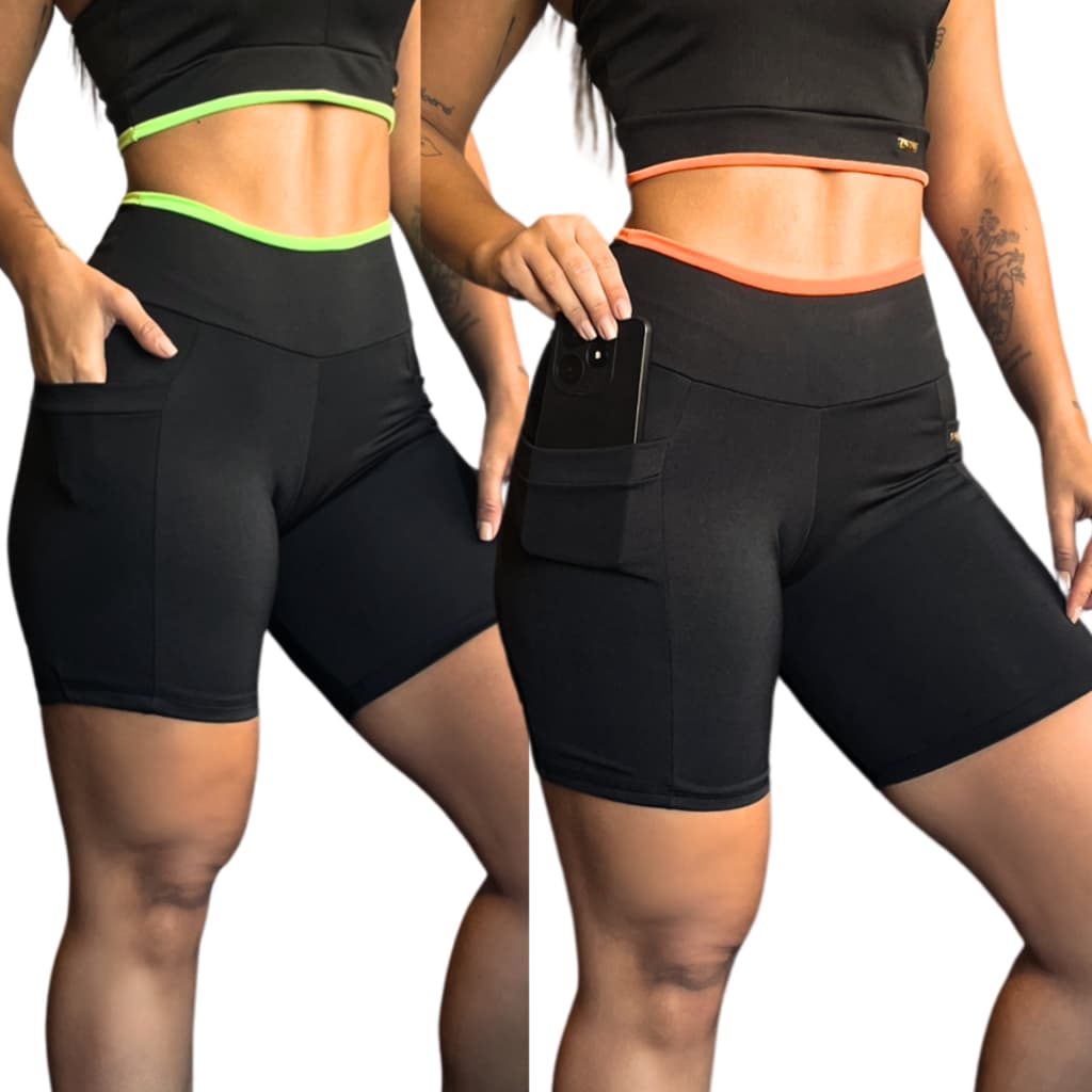 Kit com 2 Short Academia Bermuda Esportiva Fitness Ginástica Feminina Com Bolso Legging para Malhar Yoga Corrida Cós Alto - Lynda Roupa de Treino Feminino Musculação Crossfit Liso com Detalhes Neon