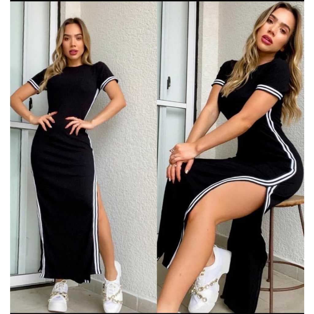 VESTIDO LONGO com Fenda Lateral Manga Curta Canelado Confortável Feminino casual ,  elegante