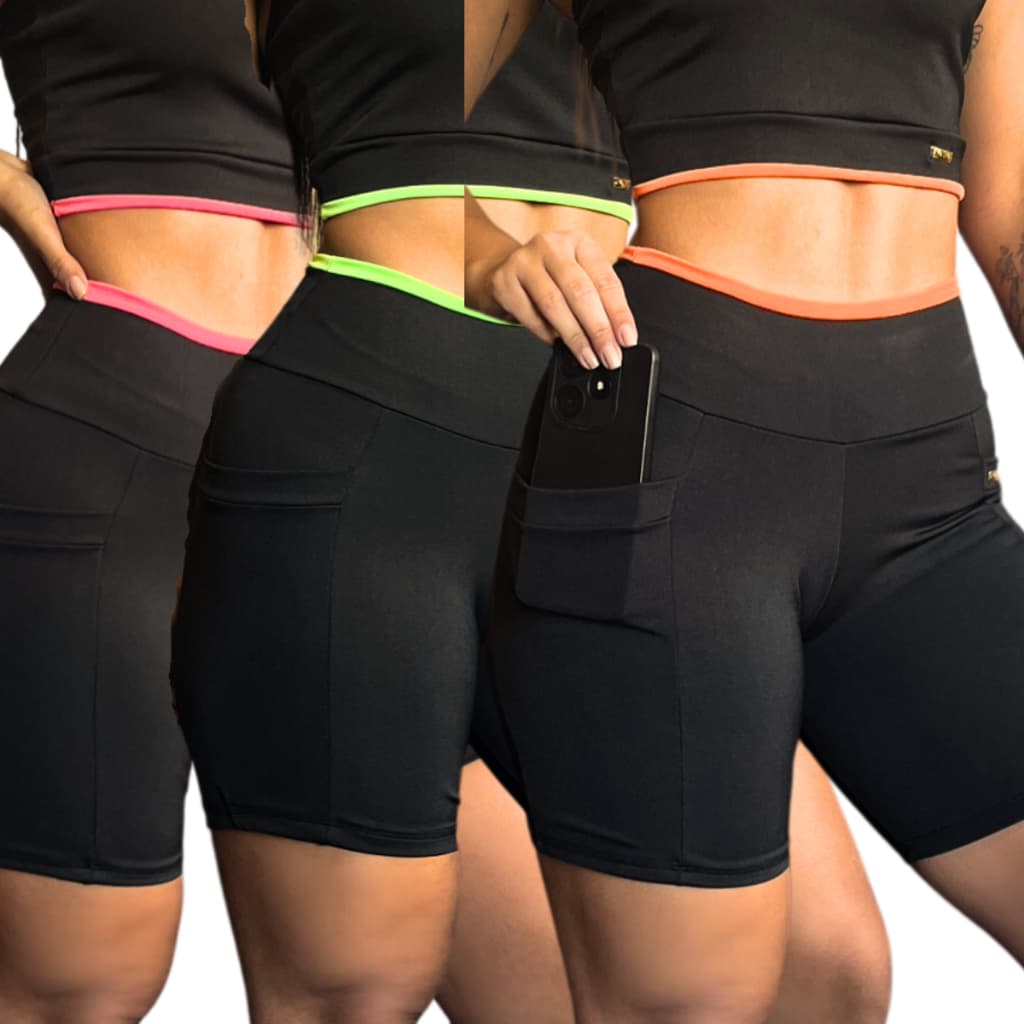 Kit com 3 Short Academia Bermuda Esportiva Fitness Ginástica Feminina Com Bolso Legging para Malhar Yoga Corrida Cós Alto - Lynda Roupa de Treino Feminino Musculação Crossfit Liso com Detalhes Neon
