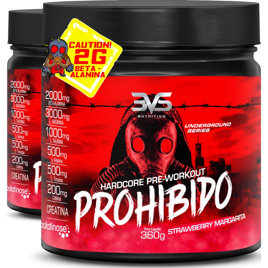 2 Potes Pré Treino Prohibido 360g Contendo Creatina, Beta Alanina, Taurina, Cafeína, Arginina e Mais
