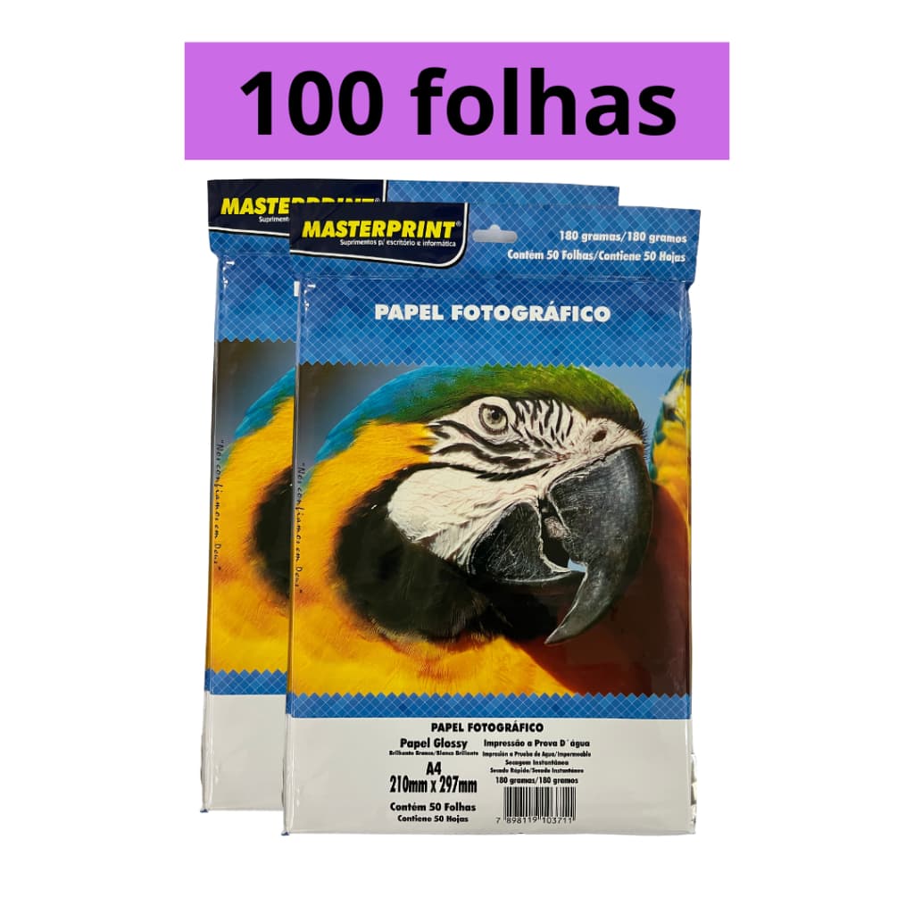 Papel Fotográfico 180g A4 50/20/60/200 folhas Brilhante Glossy Resistente a Água - Masterprint