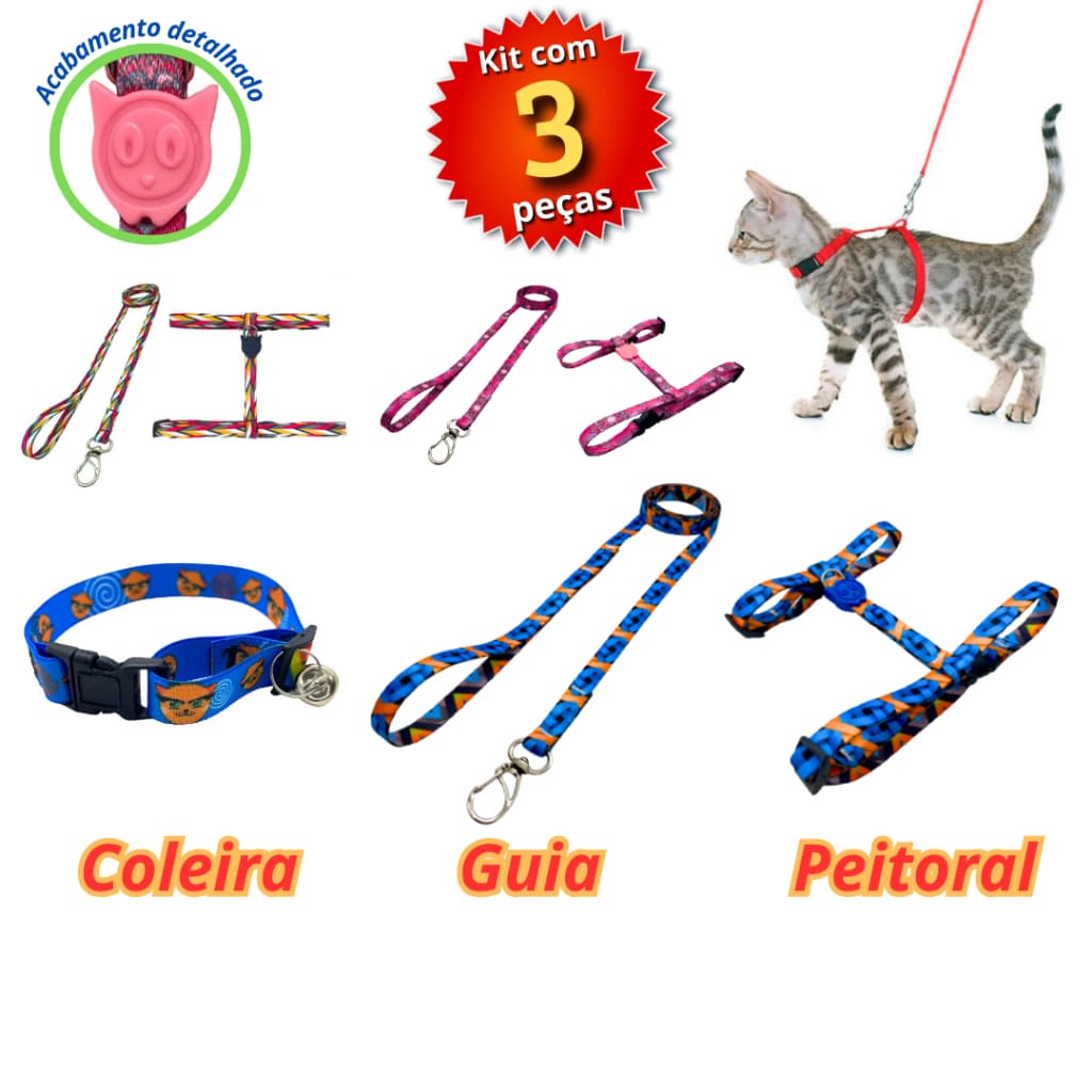 Kit coleira guia peitoral para gatos com ajuste de tamanho