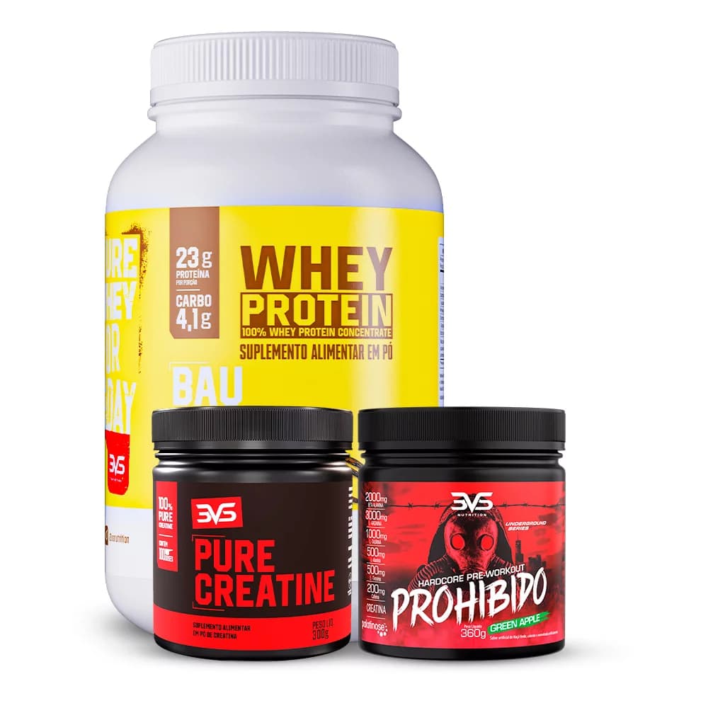 Combo Whey Protein 900g + Creatina 100% Pura 300g + Pré Treino Prohibido 360g Sabor Maça Verde