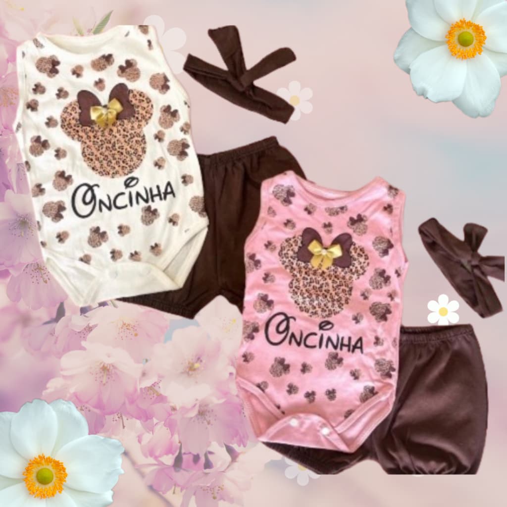 Kit 3 peças com faixa de cabelo,  Conjunto para bebê conjunto minnie oncinha para bebê menina