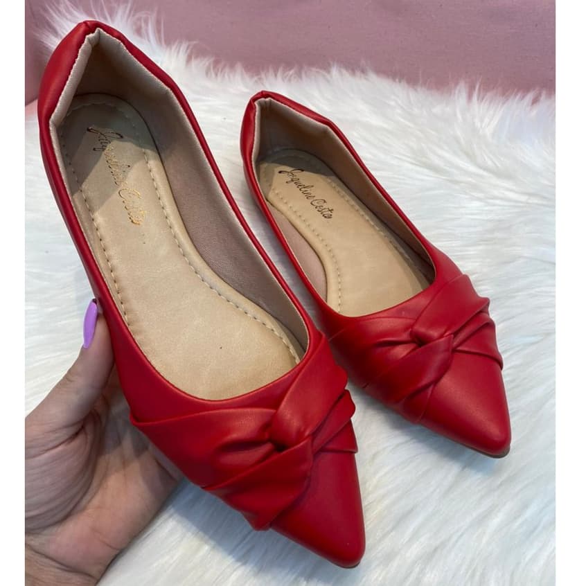 Sapatilha Feminina Bico Fino Detalhe Nó Vermelho Moda Casual Confortável Jaqueline Costa Calçados