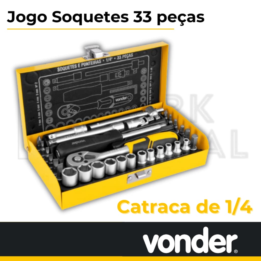 Jogo Soquetes com catraca de 1/4" e  33 peças Incluso maleta metálica Vonder