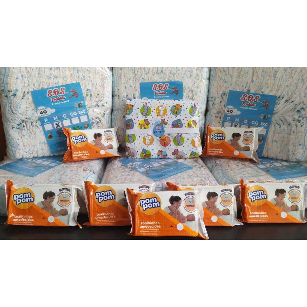 Fraldas Infantil 6 Pacotões (P- 240 un - M - 240 un - G - 240 un - GG - 228 un - SXG - 216 un) +336 un Toalhas Umedecida