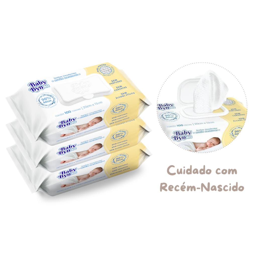 Kit 3 Toalhas umedecidas BABY BYN Recém nascido com 100 lenços macios