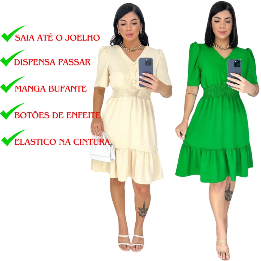 Vestido Feminino Midi Liso / Botões de detalhe / Gola V / Elastex na cintura