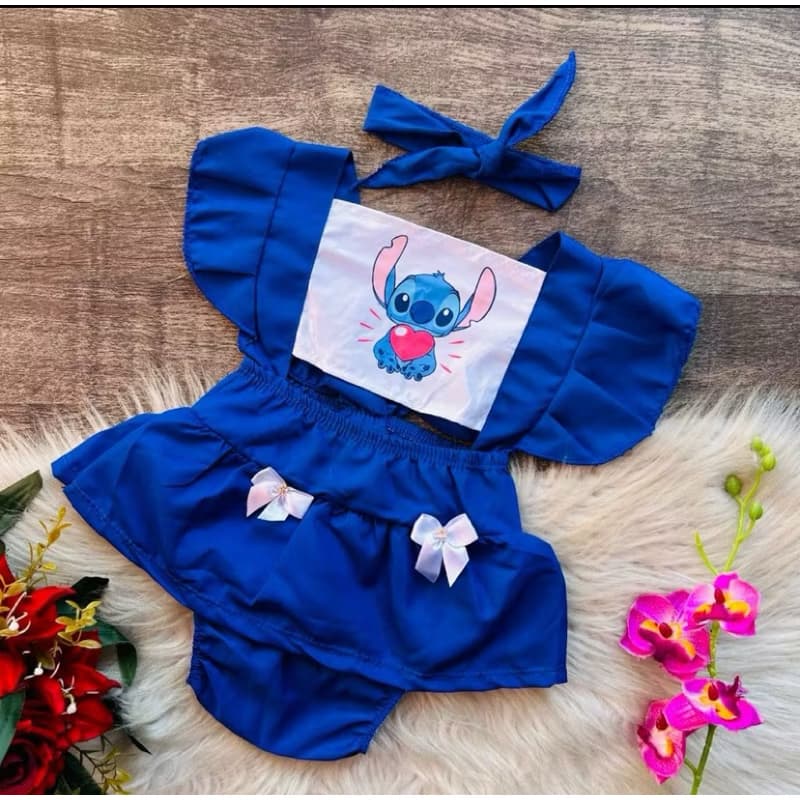 Jardineira Romper Bebê Menina Body Stitch Minnie Vaquinha Bolofofo Sereia Temático Book Festa Mesversário