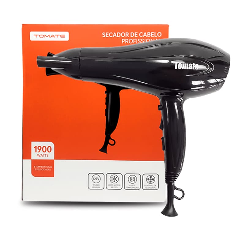 Secador de Cabelo Potente 220V Preto Profissional 3 Temperaturas Tomate 2 Velocidades