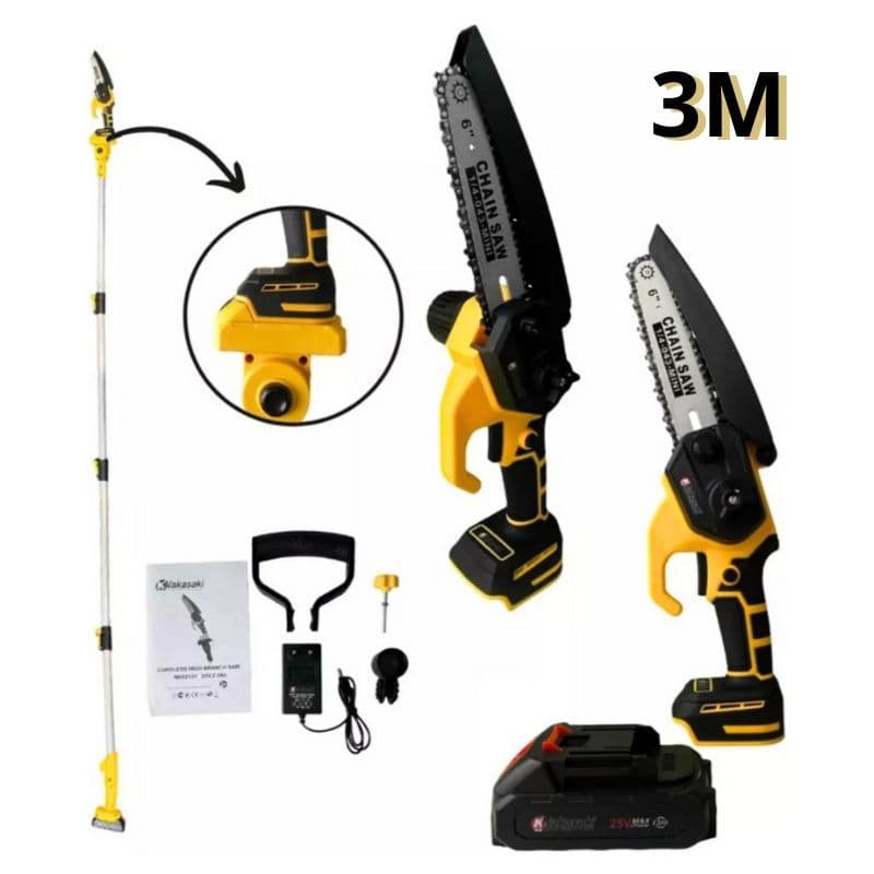 Mini Motosserra a Bateria 48V com Extensor de 3 Metros 6 Polegadas - Motoserra Moto Serra 1000w