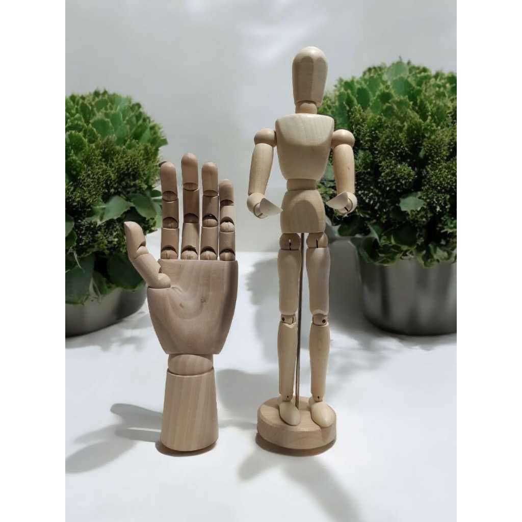 Boneco Madeira Articulado 30 cm + Mão Madeira Articulada 25 cm