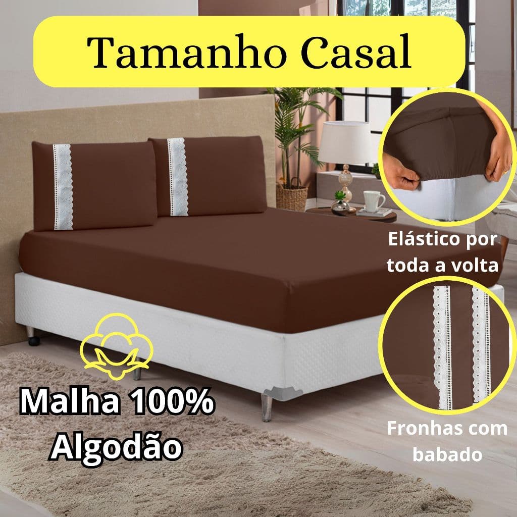 Kit Jogo De Lençol Casal 3 Peças Malha 100% Algodão Com Elástico - Lençol Casal Padrão
