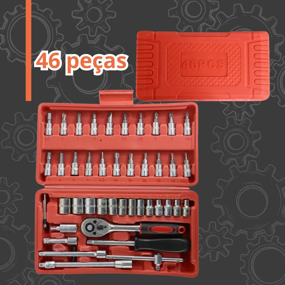 Maleta Jogo de Chaves Com 46 Peças Ferramenta Completa Soquetes Chave Catraca Reversível