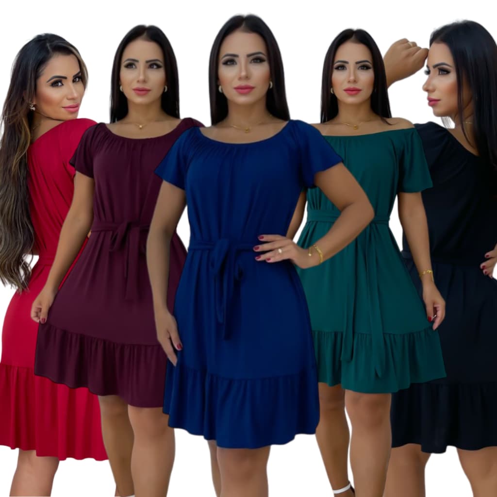 Kit 02 Vestido Ciganinha Feminino Festa Passeio Ombro a Ombro Médio com Laço Removível Elegante Vestido Rodado Moda Casual Tendência Verão Tamanho Único 38-52