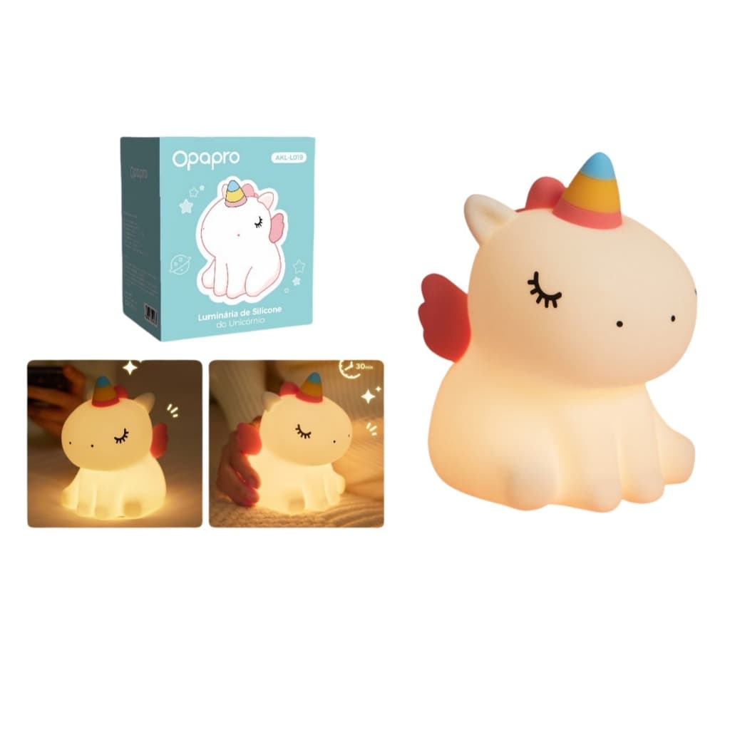 Luminária Abajur Led Infantil Unicórnio Anjo Fofa Luz Noturn Fofo Silicone Toque Touch LED RGB