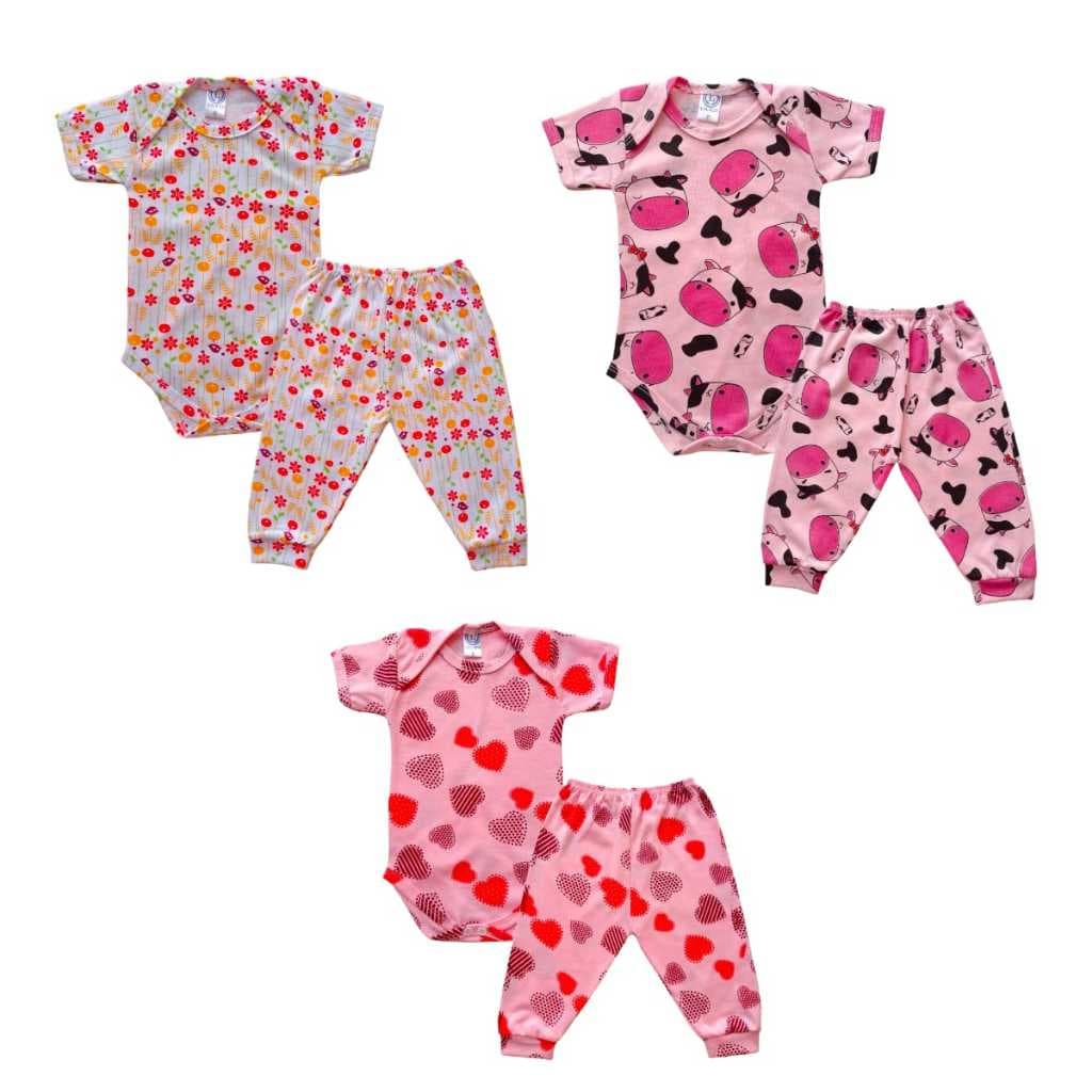 Kit 6 Peças - 3 Body + 3 Calça Estampados Pijama Bebê Malha Algodão Enxoval