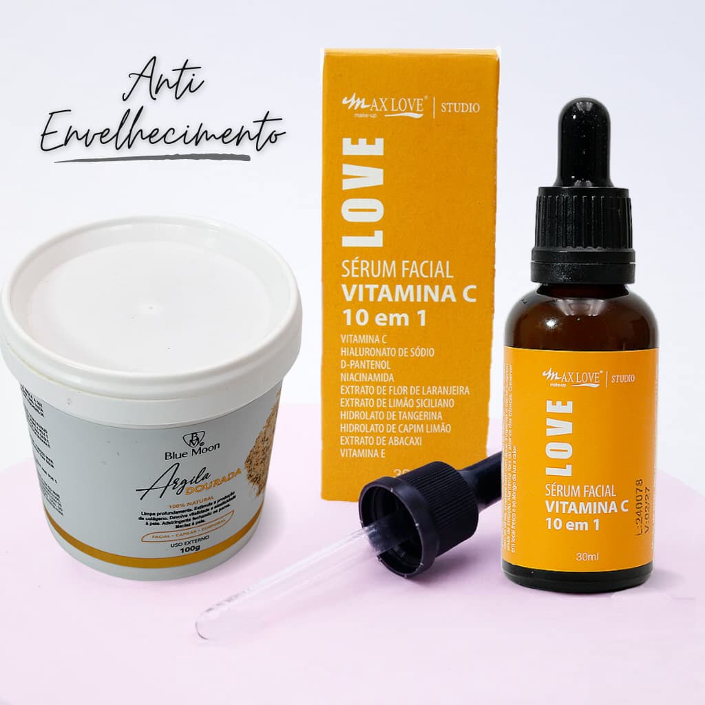 Argila Dourada, Sérum Facial Vitamina C 10 em 1, Rotina Skincare, Pele Radiante, Saudável e Natural