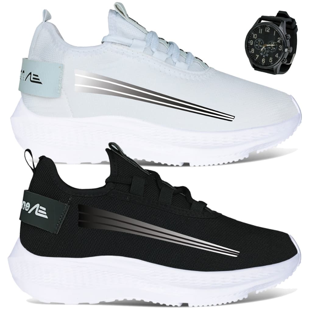 Kit 2 pares Tênis Masculino Leve Confortável Academia + Relógio