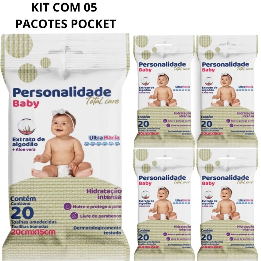 Kit c/ 5 Lenços Umedecidos Personalidade Baby Pocket - 20 unidades