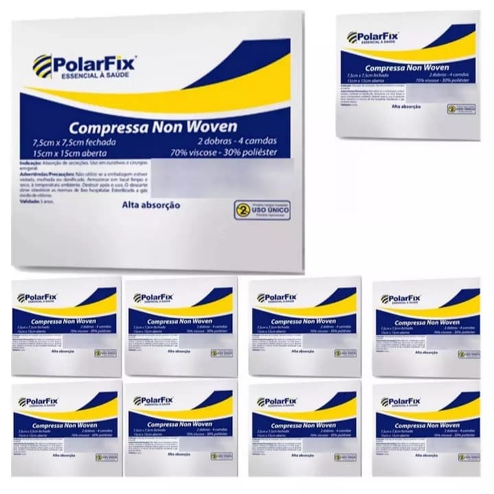 Kit 10 unidades Compressa de Gaze 7,5 x 7,5cm Não Tecido (Non Woven) Estéril - Polar Fix