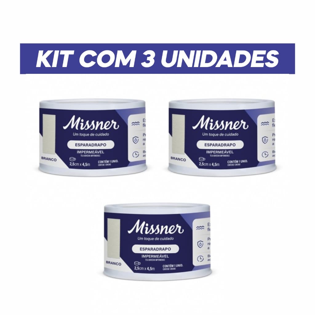 Esparadrapo impermeável branco 2,5cmx4,5m - Missner kit com 3 unidades